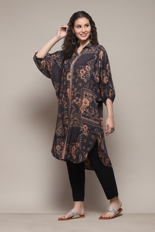 Black Rayon Slub Printed Jacket image number 3