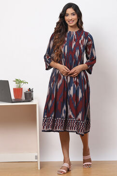 Navy Maroon LIVA Flared Printed Kurta Dress image number 5