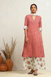 Red and Off-white Cotton Striped Straight Suit Set image number 0