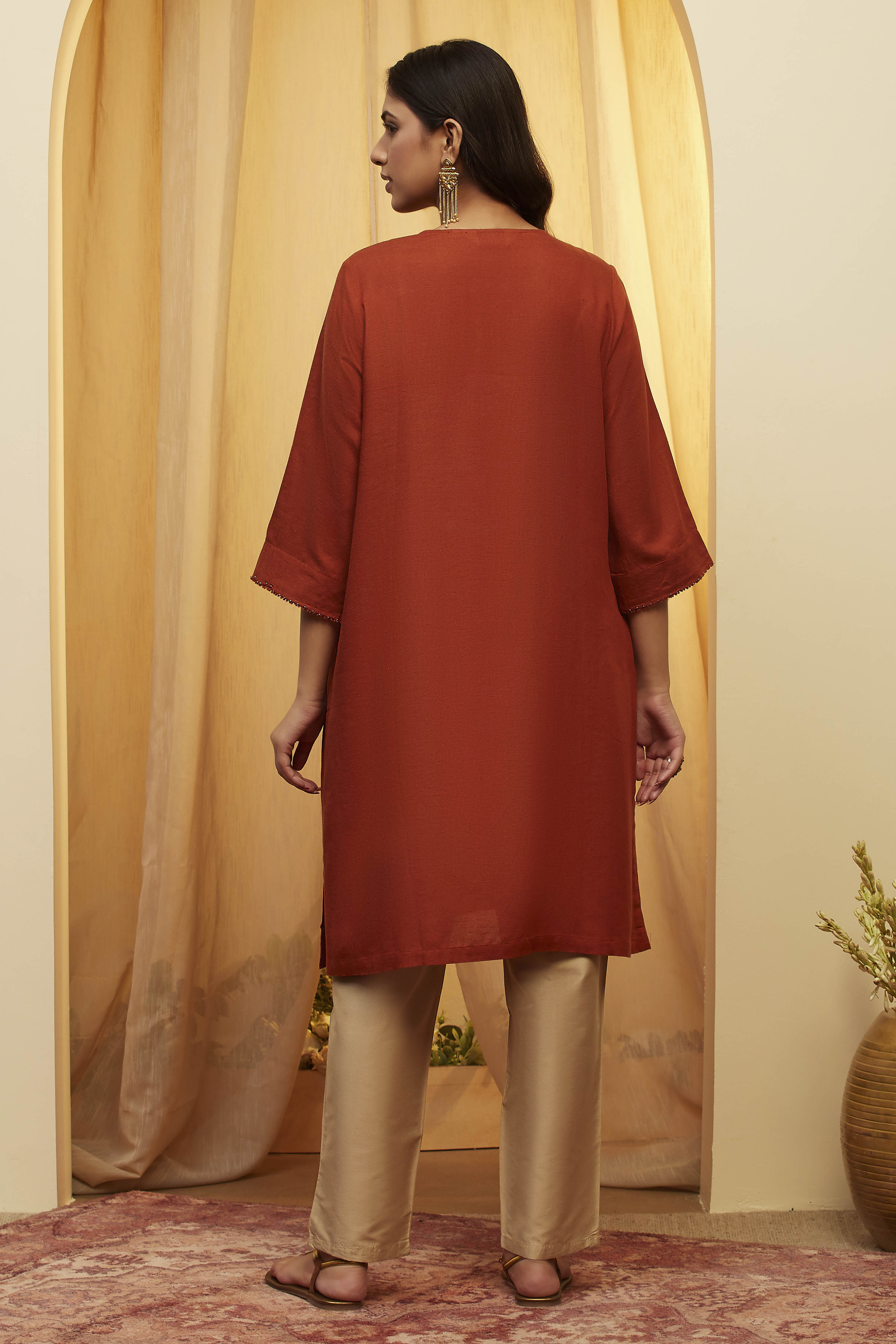 Rust Viscose Rayon Embellished Straight Kurta image number 4