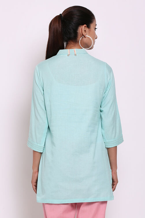Sky Blue Cotton Flax Straight Kurta image number 5