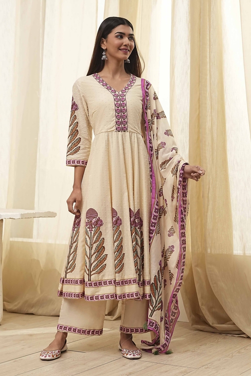 Beige Cotton Printed Anarkali Suit Set image number 6