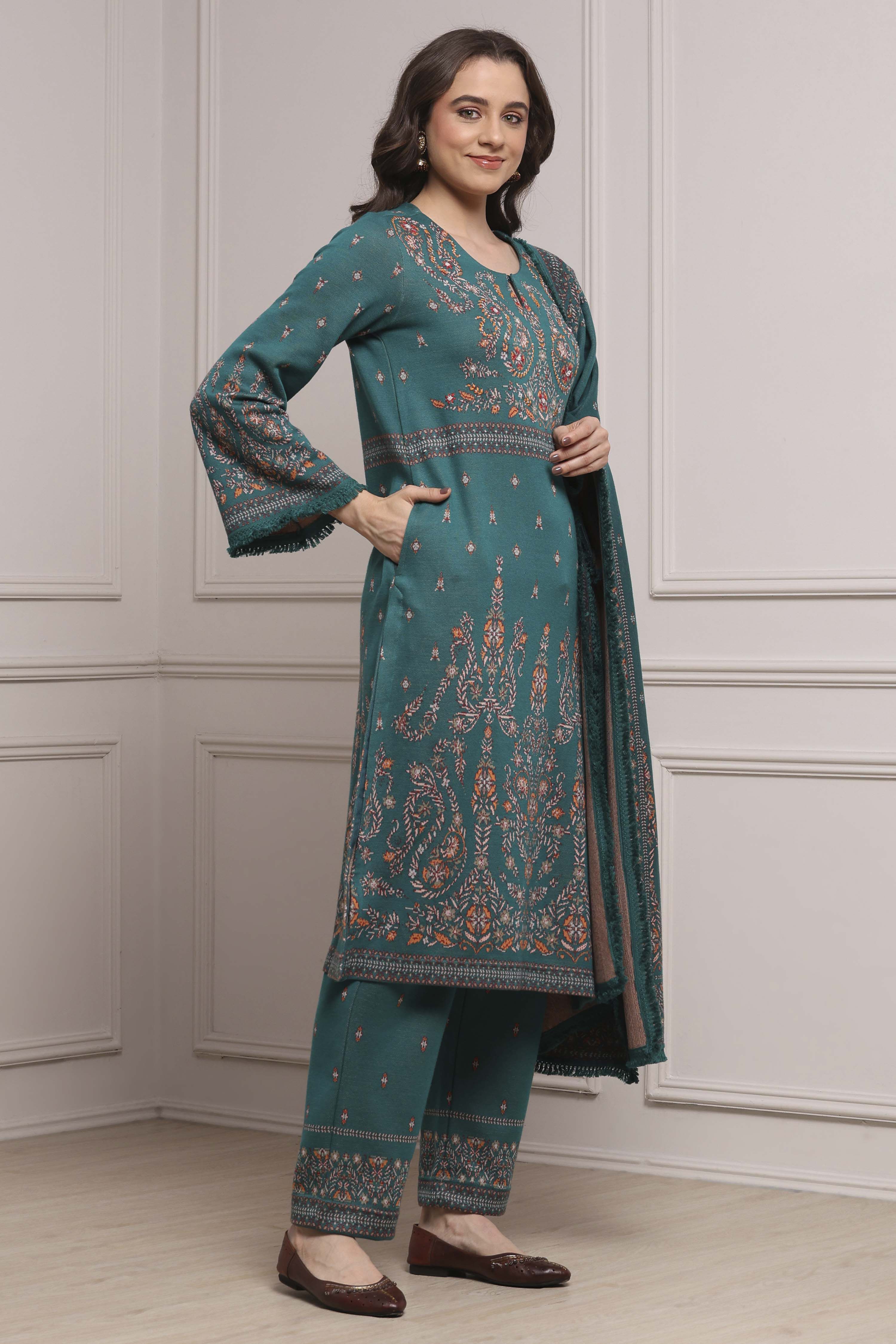 Emerald Green Cotton Blend Yarndyed Straight Suit Set image number 5