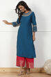 Blue Jacquard Solid Straight Palazzo Pants image number 0