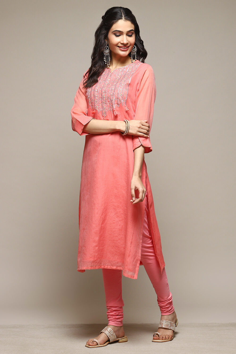Orange Cotton Blend Flared Yarndyed Kurta image number 0
