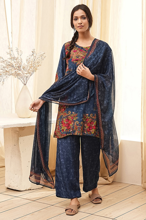 Blue Modal Printed Straight Suit Set image number 6