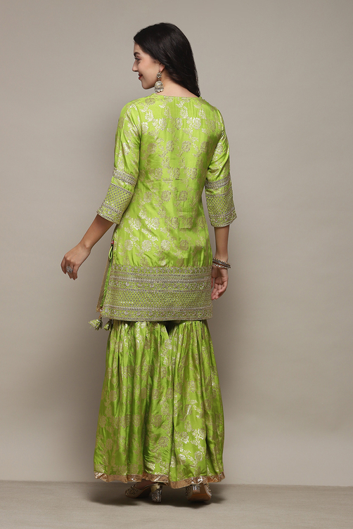 Lime Green Viscose Brocade Straight Kurta Palazzo Suit Set image number 5