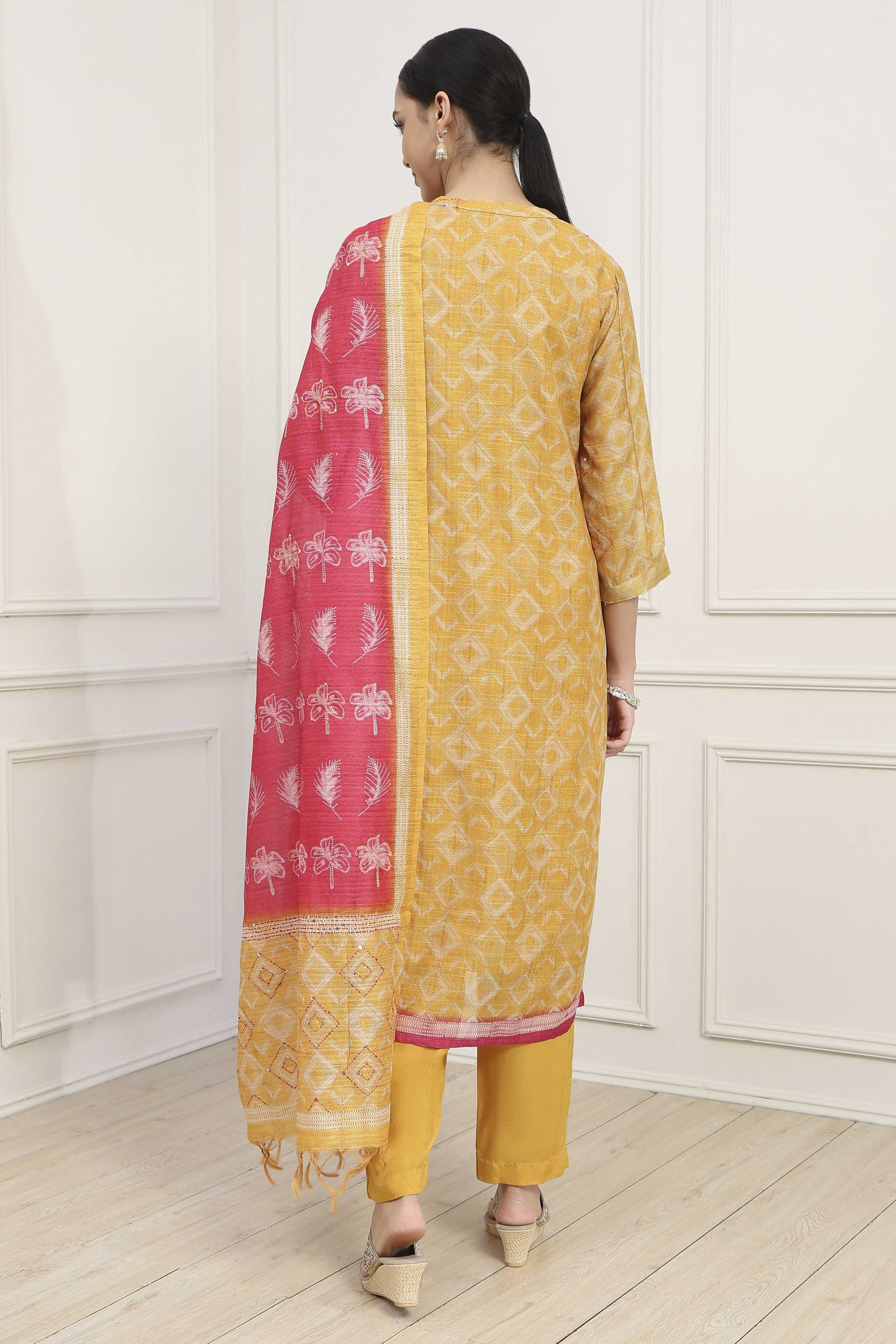 Yellow Silk Blend Printed Unstitched Suit Set image number 5