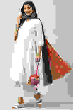 White Cotton Flared Kurta Cropped Palazzo Suit Set image number 7