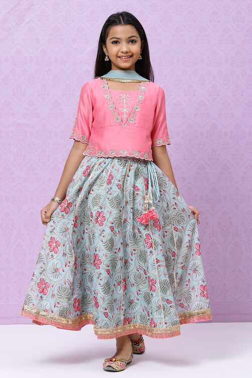 Pink And Turq Straight Poly Cotton Girls Lehenga Set image number 4