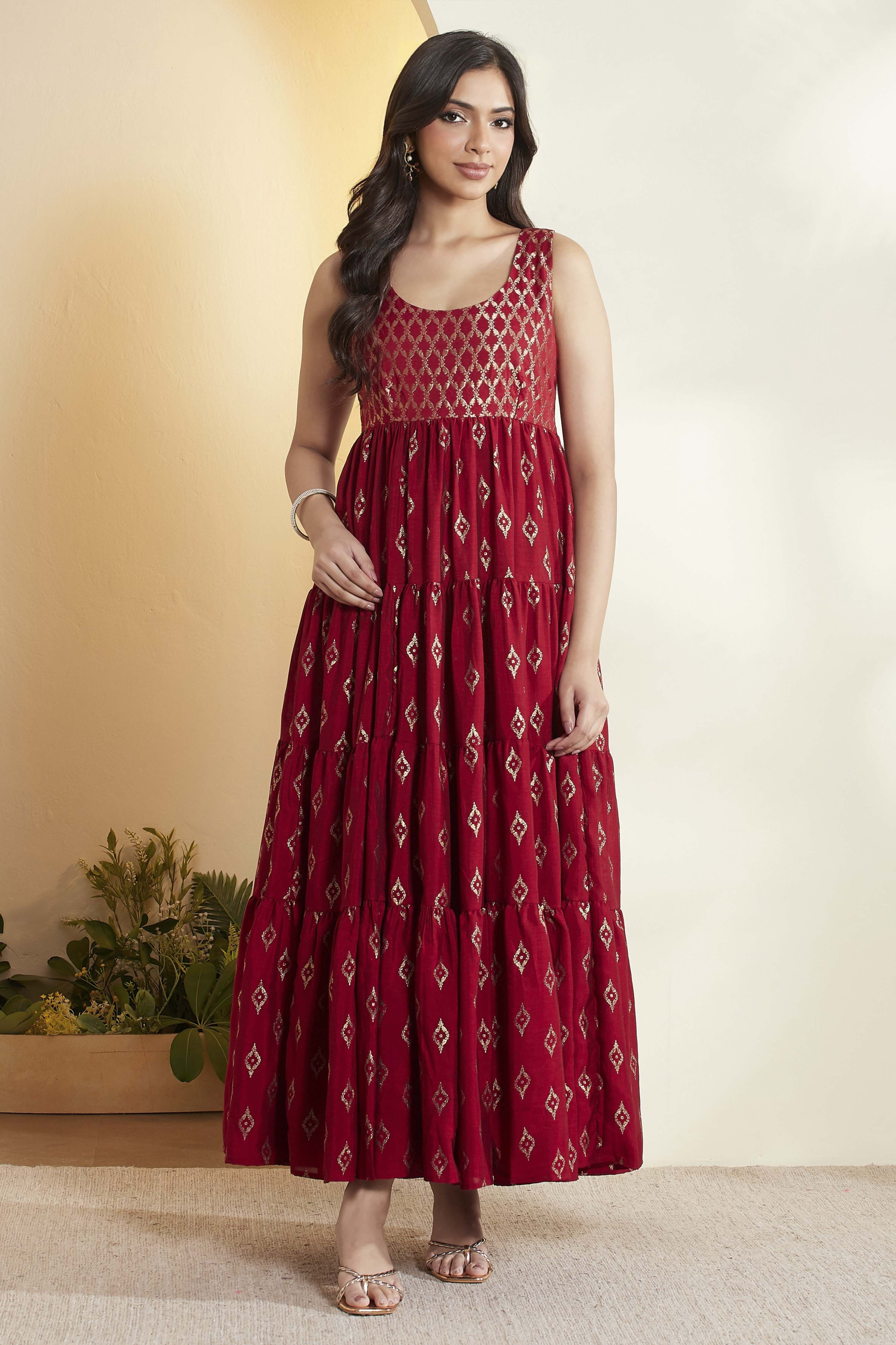 Red Printed Tiered Maxi Dress image number 6