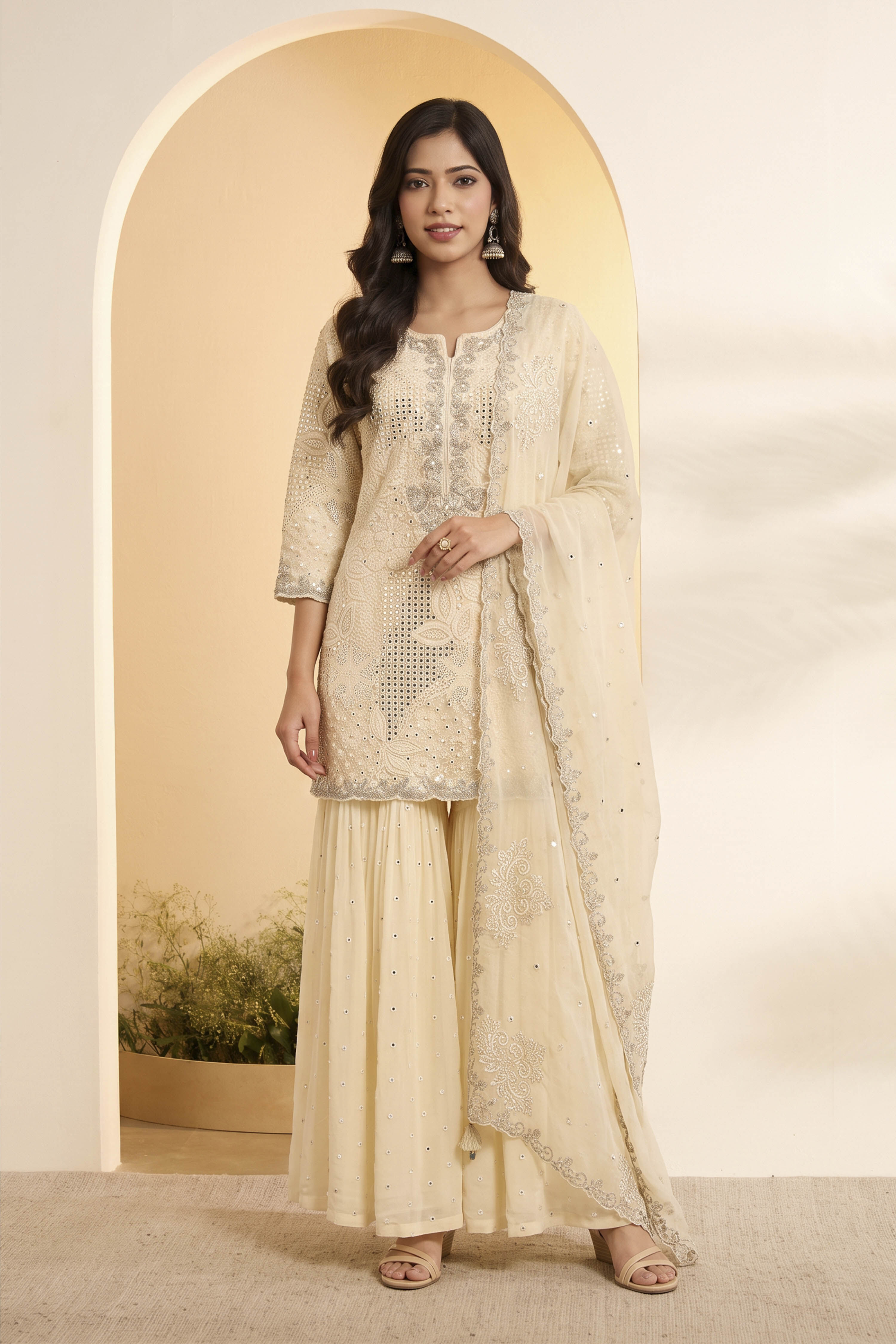 Powder Blue Butterfly Net Embroidered Sharara Suit Set image number 5