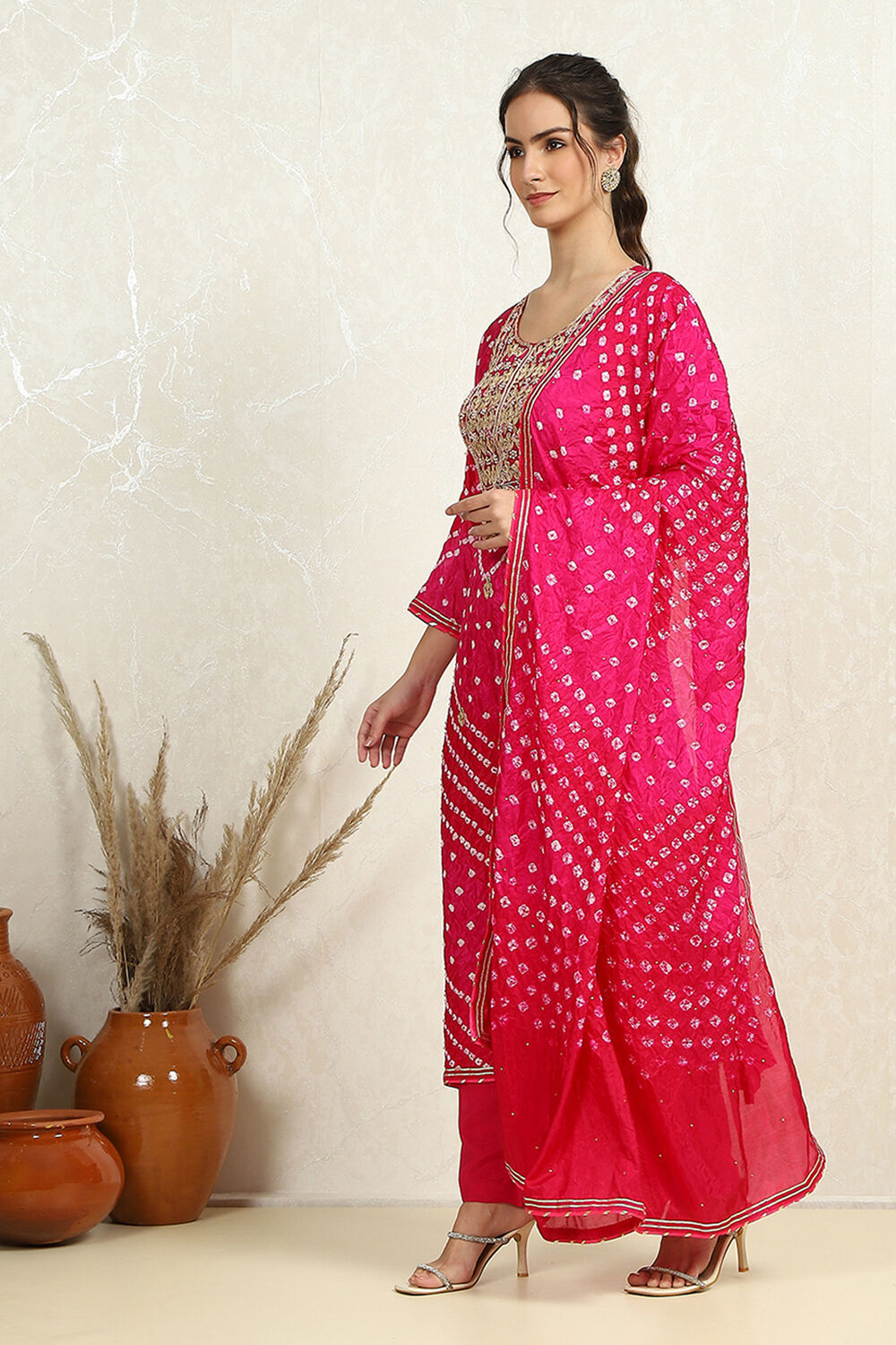 Orange Silk Blend Bandhej Crinkled Unstitched Suit Set image number 2