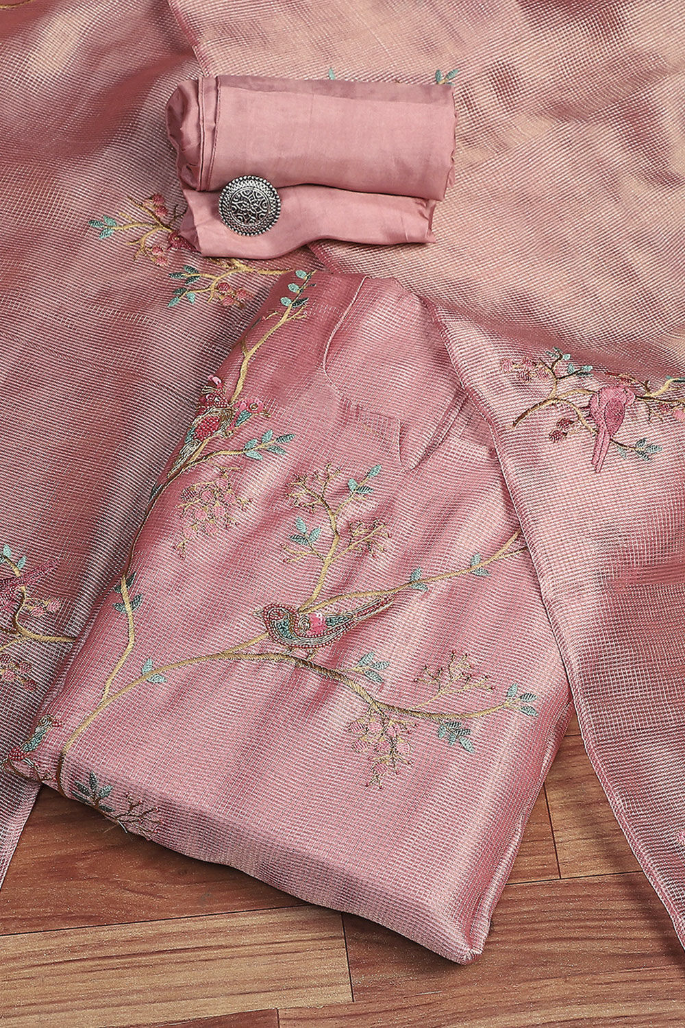 Pink Tissue Machine Embroidered Unstitched Suit Set image number 0