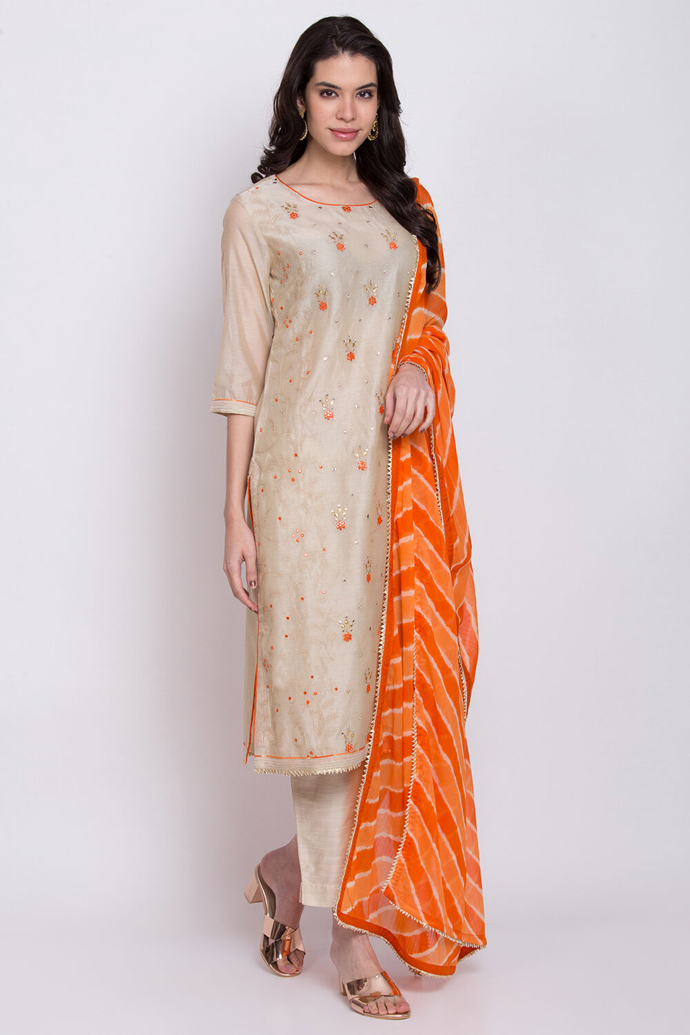 Beige Poly Cotton Straight Kurta Slim Pant Suit Set image number 0