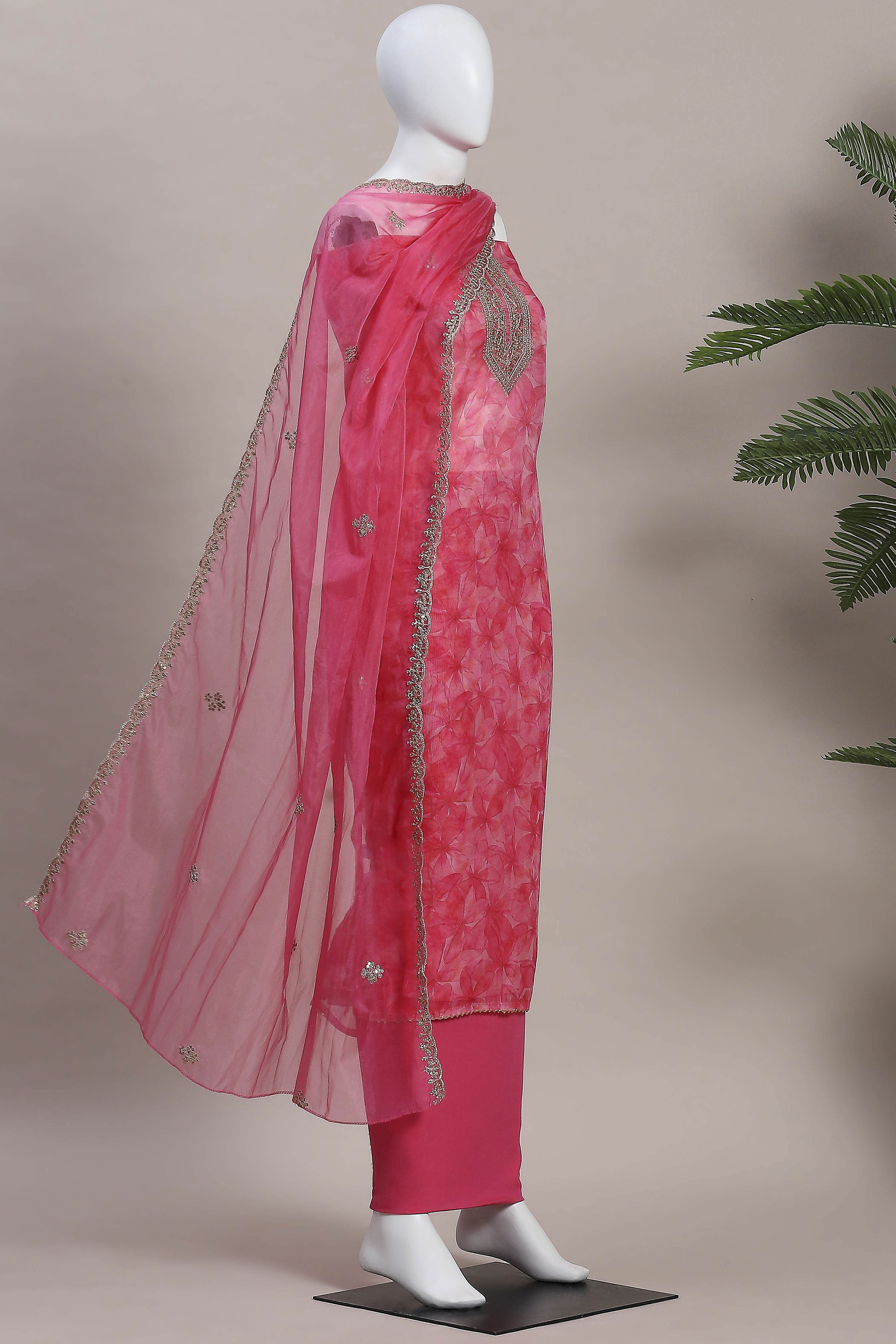 Old-Rose Organza Rajasthani Print Unstitched Suit Set image number 4