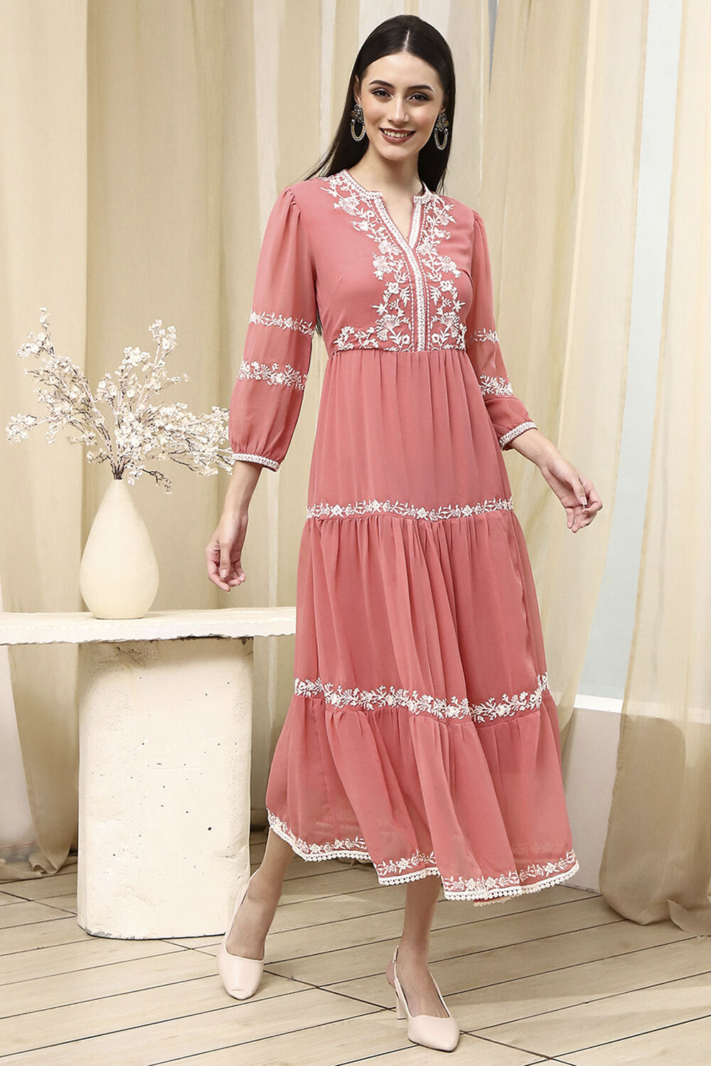 Light Pink Embroidered Tiered Dress image number 4