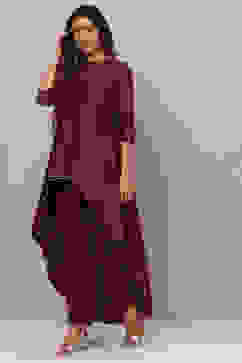 Deep Purple Flared Cotton Silk Fusion Wear 2 Piece Set image number 4