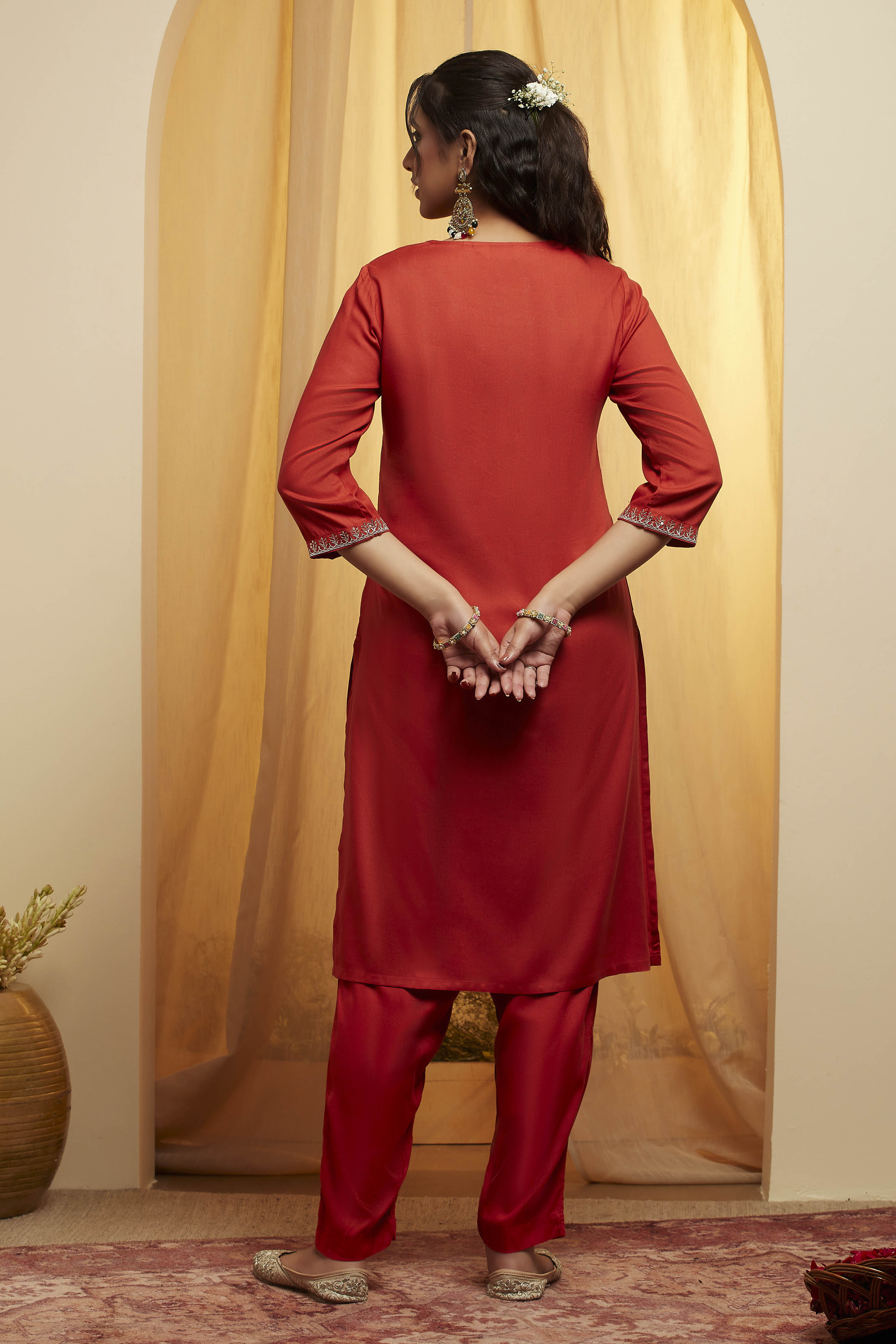 Burnt Orange Rayon Straight Kurta Pants Suit Set image number 5