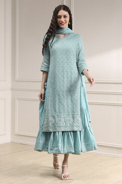 Powder Blue Cotton Blend Layered Embroidered Fusion Set image number 5