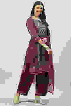 Wine Cotton Straight Kurta Slim Pants Suit Set image number 2