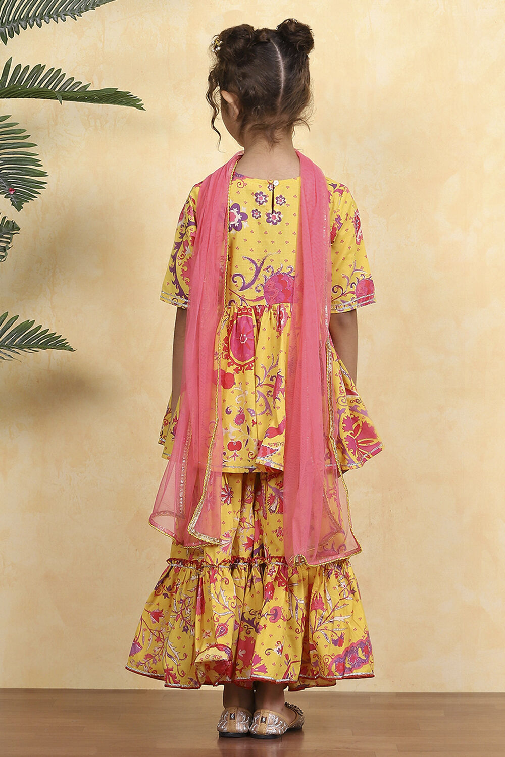 Yellow Cotton Printed Kalidar Sharara Suit Set image number 4