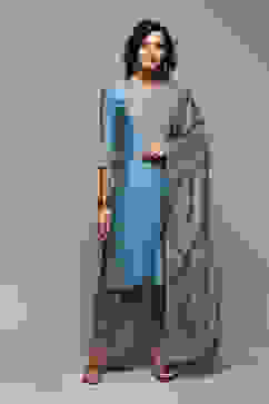 Earthy Blue Cotton Silk Straight Kurta Palazzo Suit Set image number 7