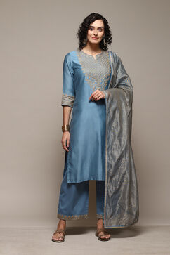 Earthy Blue Cotton Silk Straight Kurta Palazzo Suit Set image number 7