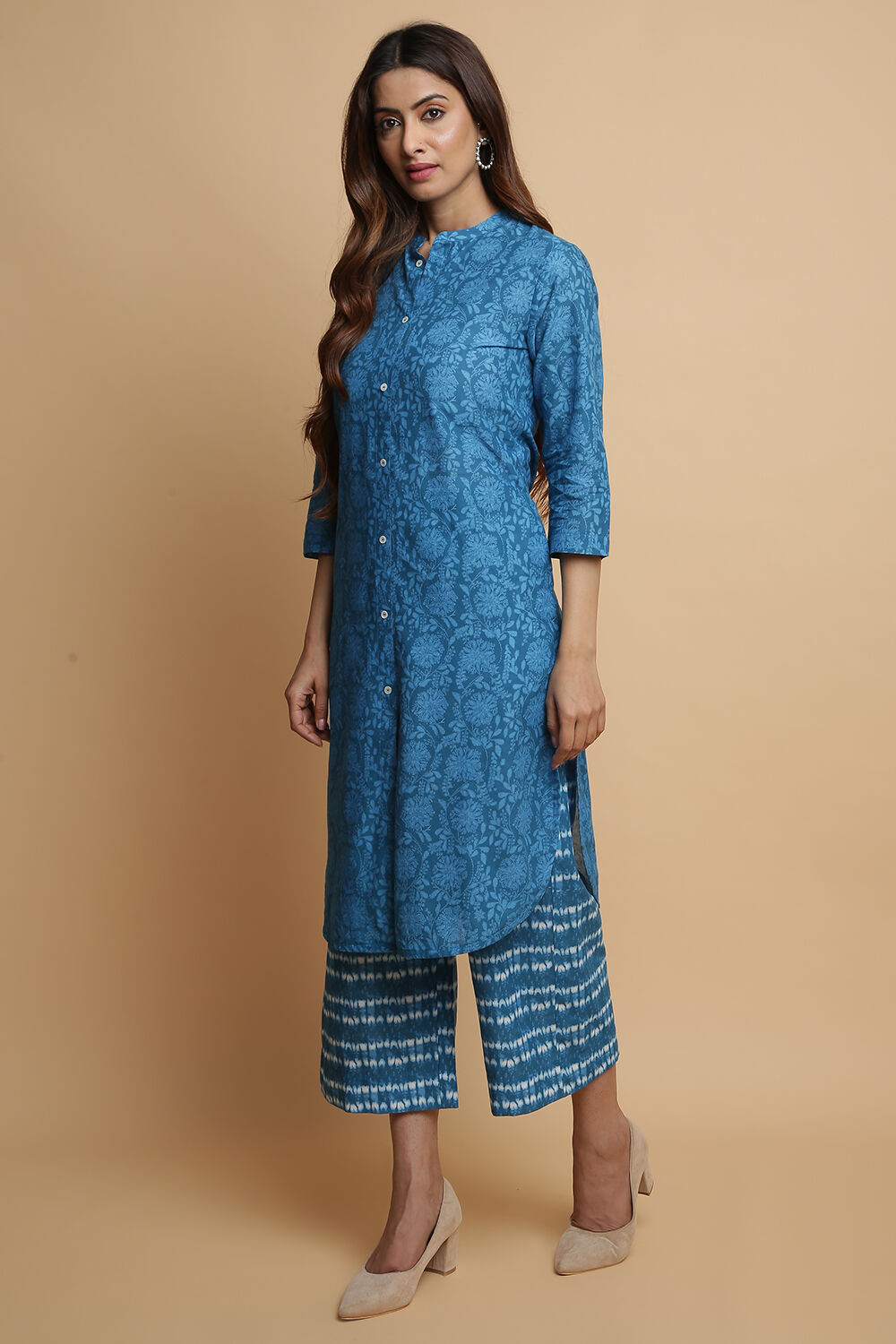 Teal Cotton Straight Kurta Pants Set image number 5