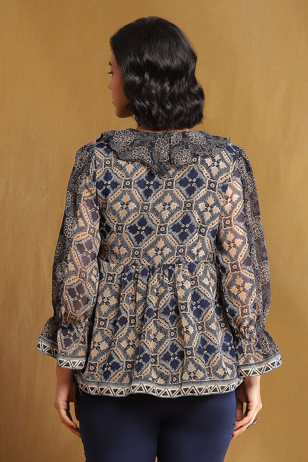 Blue Georgette Printed Gathered Indie Top image number 3