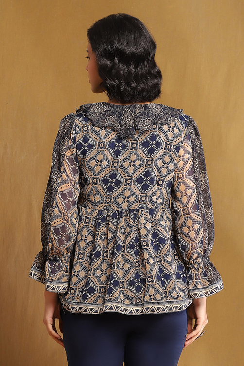 Blue Georgette Printed Gathered Indie Top image number 3