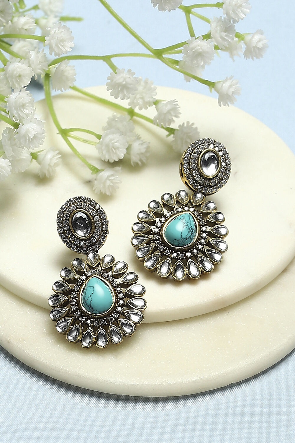 Turquoise Gold-Plated Kundan Studded Danglers image number 0