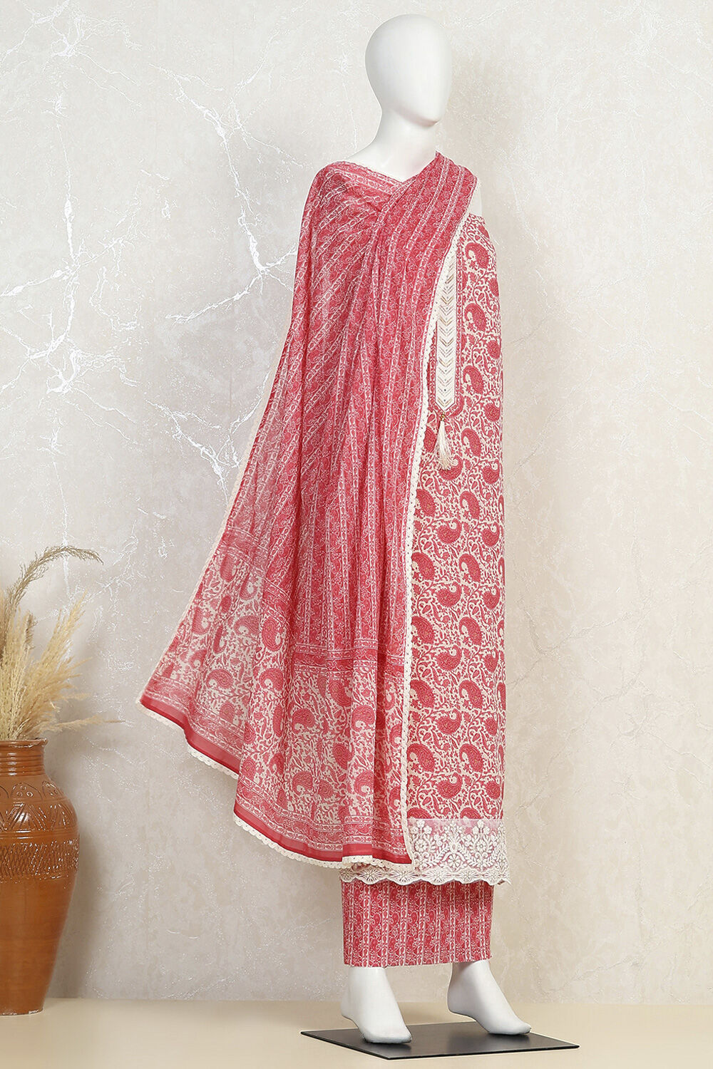 Pink Tissue Screen Print Unstitched Suit Set image number 4