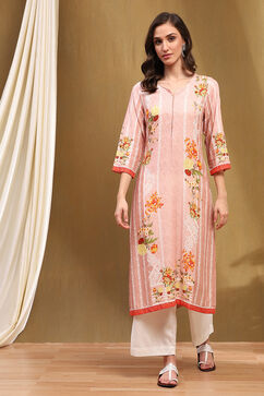 Misty Rose Floral Printed Regular Fit Straight Kurta image number 5