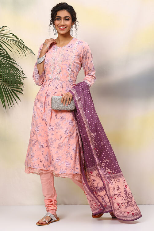 Pink Cotton A-Line Kurta Churidar Suit Set image number 8