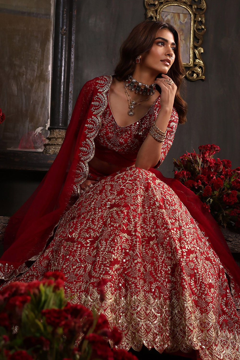 Berry Red Zari Embroidered Lehenga Set image number 0