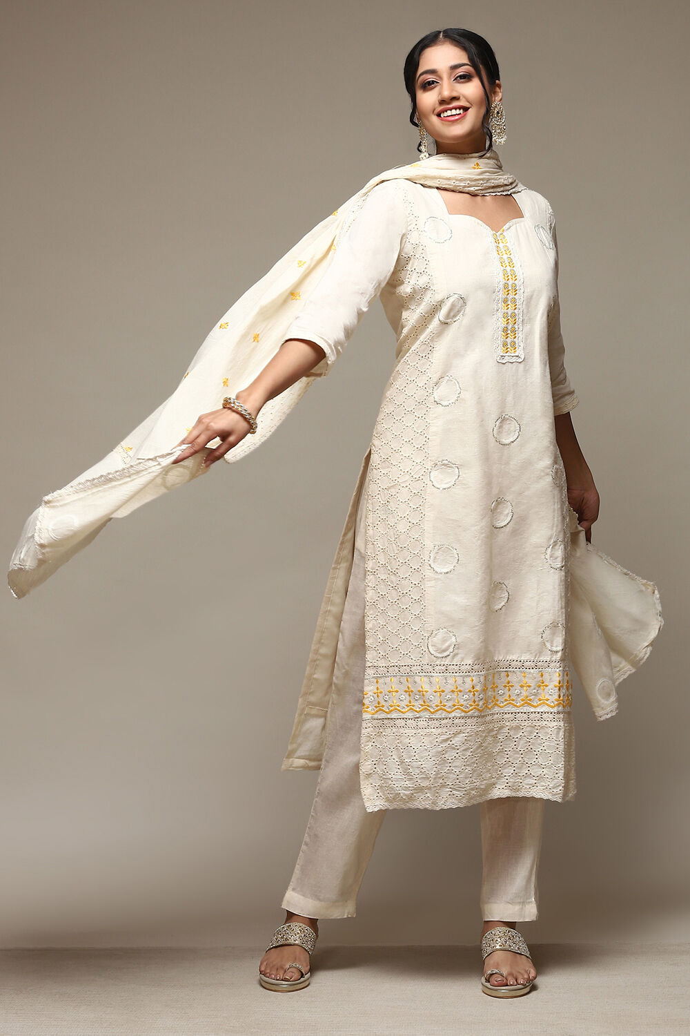 Off White Cotton Schiffly Unstitched Suit Set image number 1