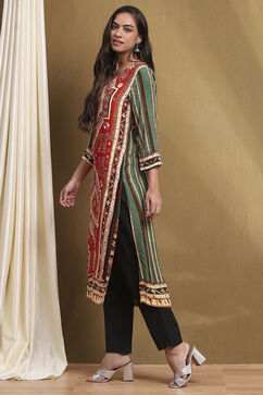 Red and Green Printed Straight Kurta image number 2