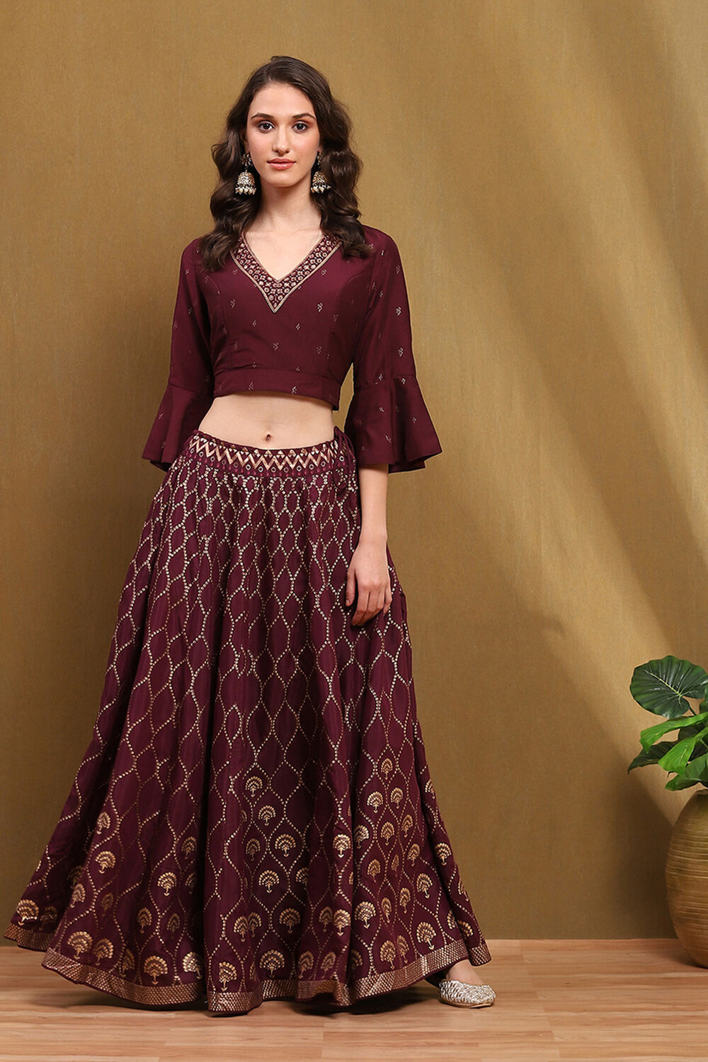 Wine Shantoon Block Printed Festive Skirt image number 0