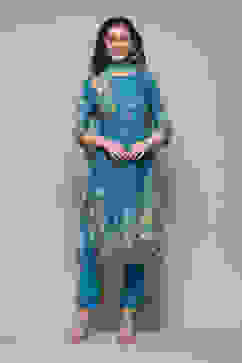 Turquoise Cotton Straight Printed Kurta Ankle Length Suit Set image number 0