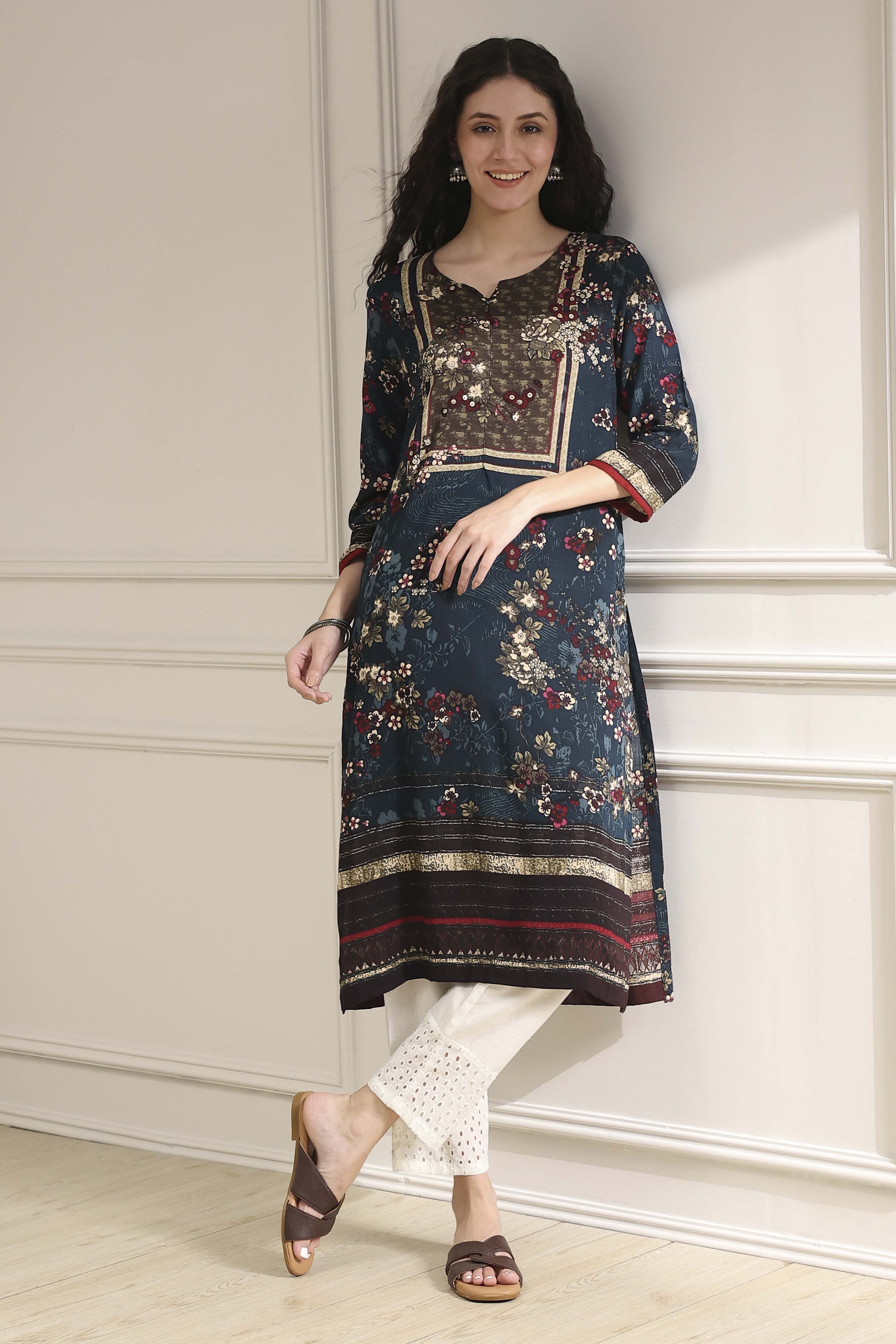 Teal Floral Printed Straight Kurta image number 0