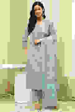 Green Cotton Screen Print Unstitched Suit Set image number 7