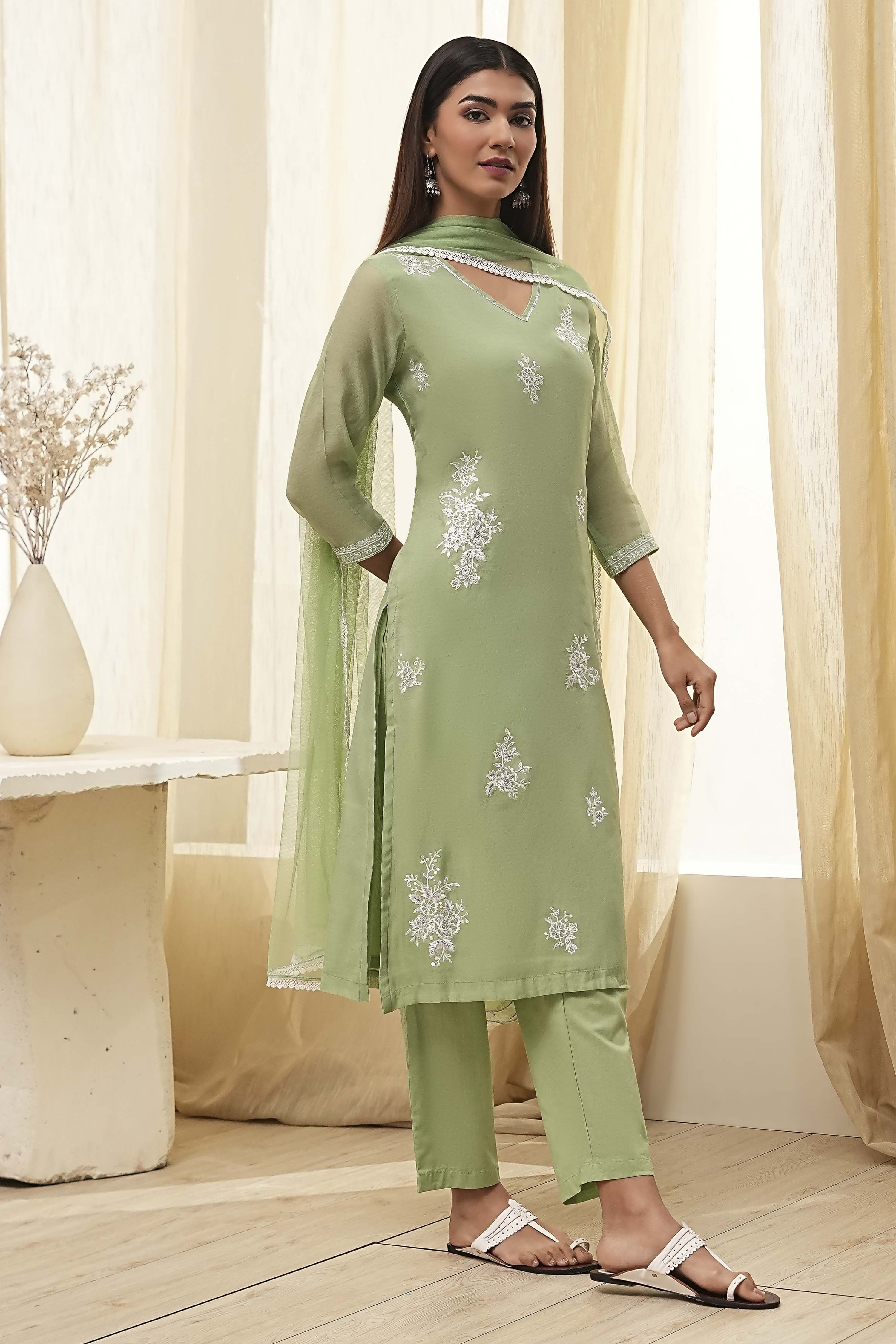 Aqua Embroidered Straight Suit Set image number 4