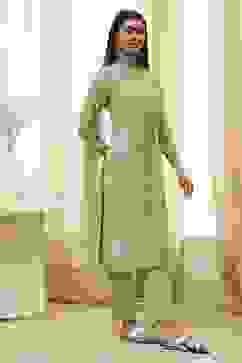 Green Embroidered Straight Suit Set image number 4