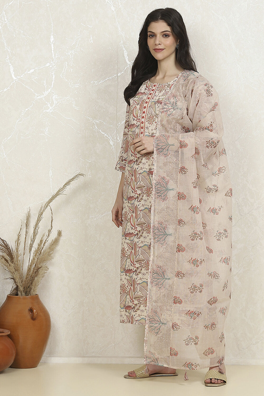 Military Green Cotton Unstitched Suit Set image number 4