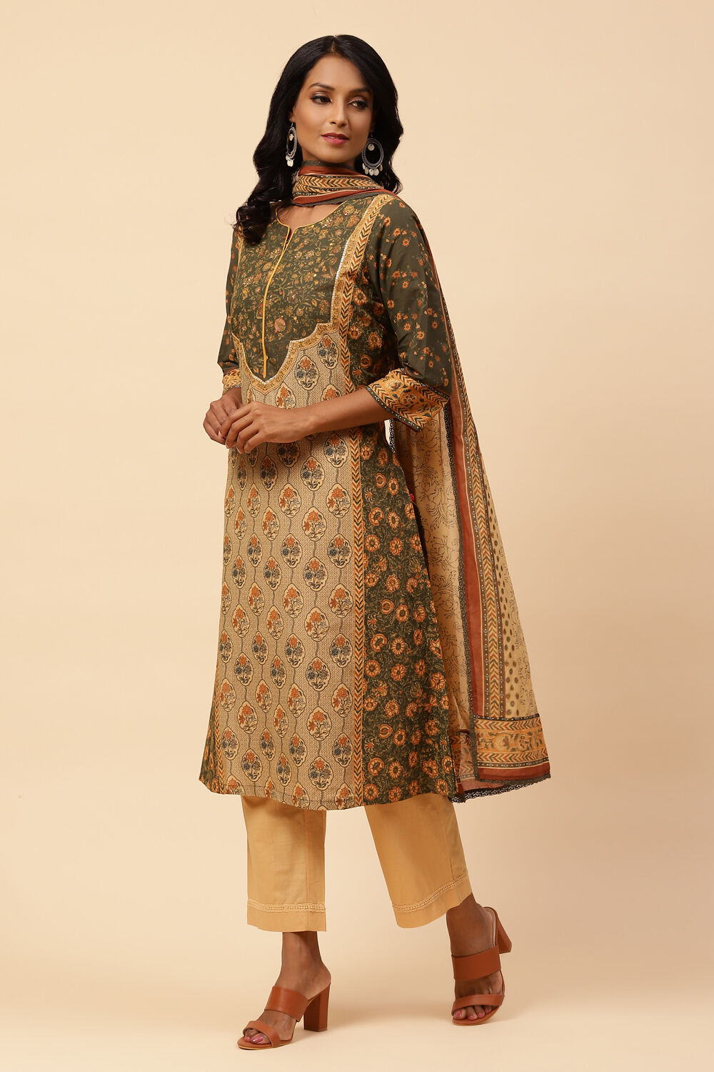 Khaki Cotton Straight Kurta Narrow Palazzo Suit Set image number 0