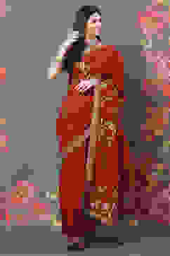 Rohit Bal Maroon Chanderi Silk Solid Saree With Blouse image number 0