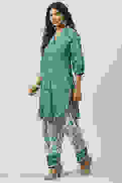 Teal Blue Cotton Straight Kurta Relaxed Salwar Suit Set image number 3