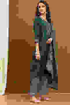 Green Modal Embroidered Festive Kalidar Suit Set image number 5