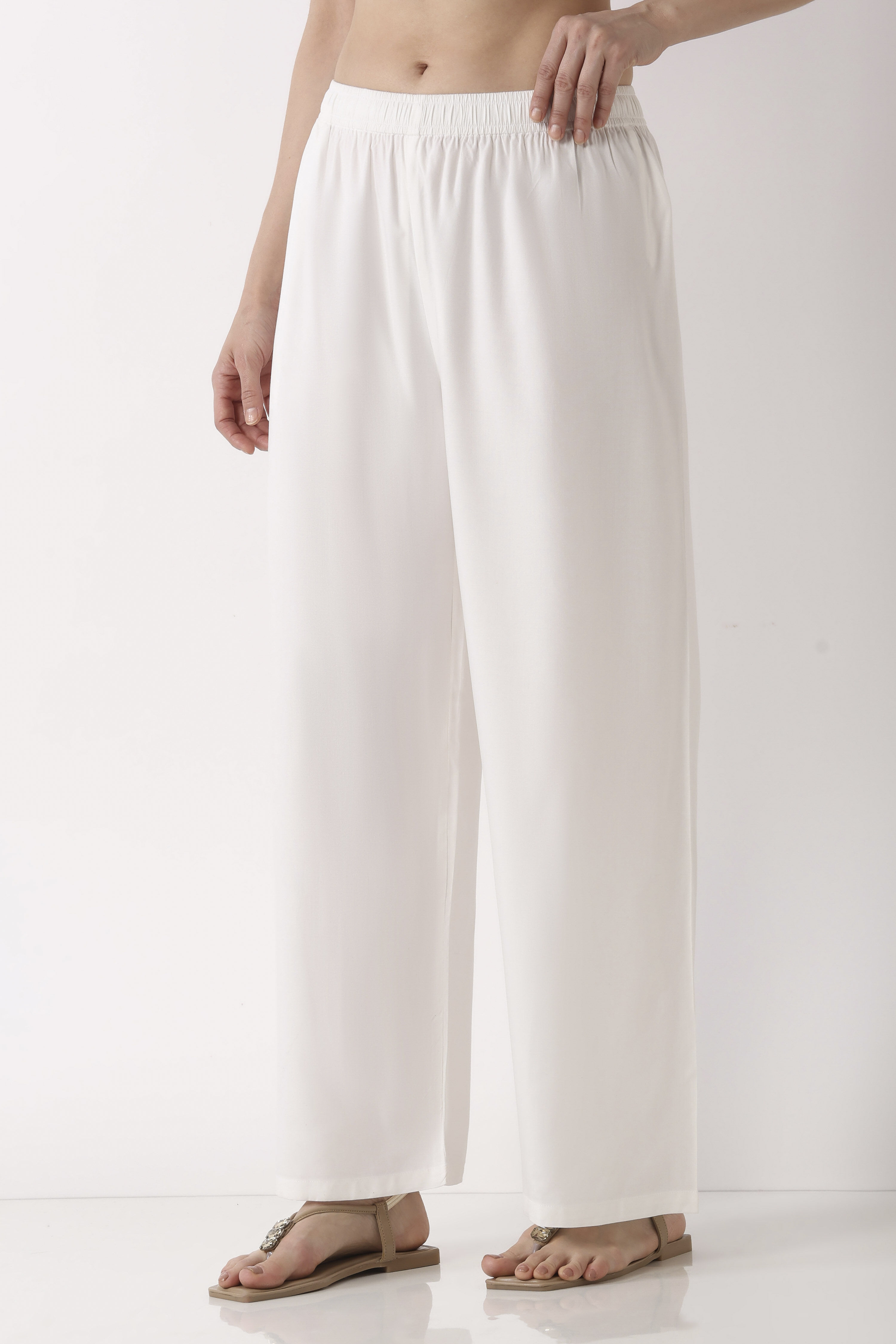 White Viscose Rayon Straight Palazzos image number 2